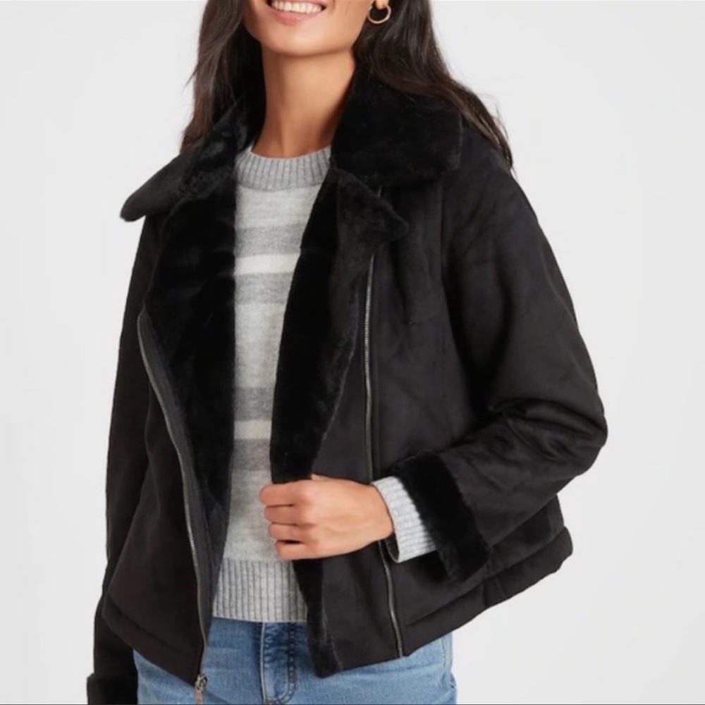 Banana Republic black faux shearling moto jacket